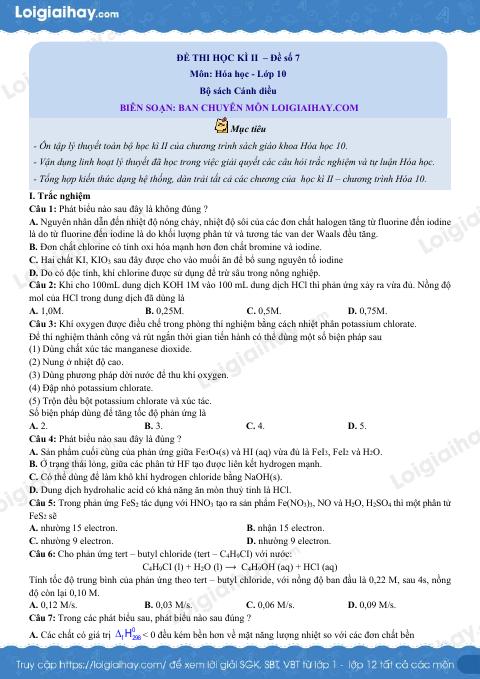 Đề thi học kì 2 Hóa 10 Cánh diều - Đề số 7